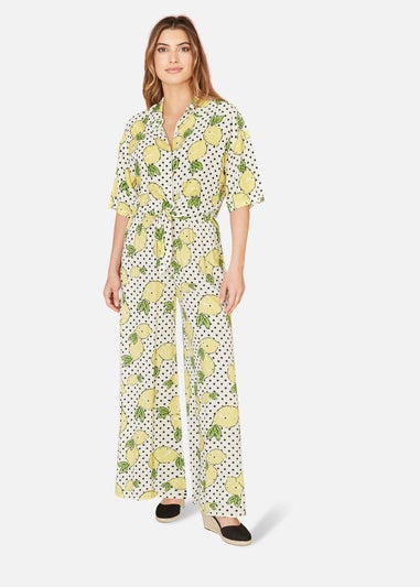 Mela White Viscose Lemon Print Relaxed Fit Trousers