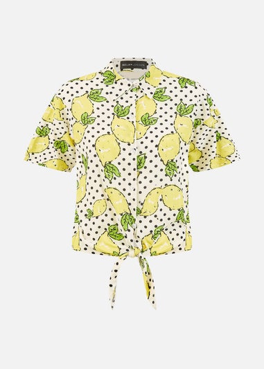 Mela White Viscose Lemon Print Tie Shirt