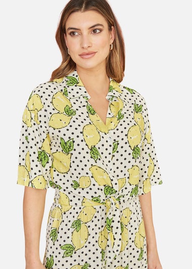 Mela White Viscose Lemon Print Tie Shirt