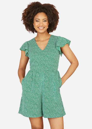 Mela Green Ditsy Print V Neck Playsuit