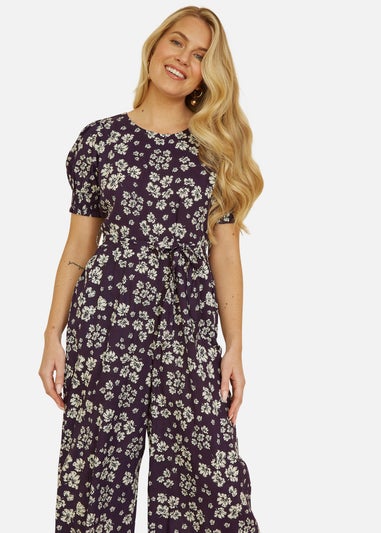 Mela Navy Floral Jumpsuit With Ruched Sleeves