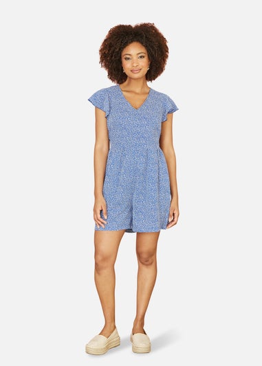 Mela Blue Ditsy Print V Neck Playsuit