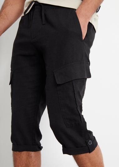 Threadbare Black Linen Blend 3/4 Length Cargo Trousers