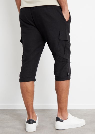 Threadbare Black Linen Blend 3/4 Length Cargo Trousers