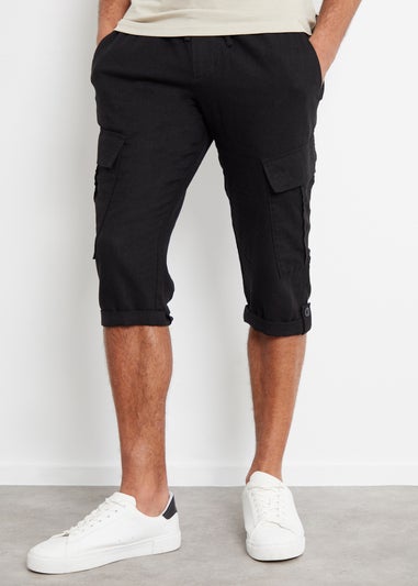 Threadbare Black Linen Blend 3/4 Length Cargo Trousers