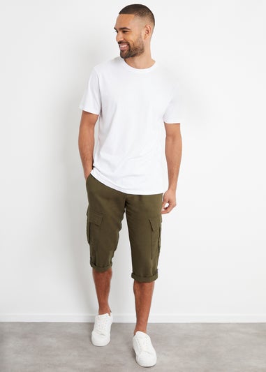 Threadbare Khaki Linen Blend 3/4 Length Cargo Trousers