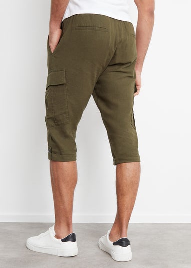 Threadbare Khaki Linen Blend 3/4 Length Cargo Trousers