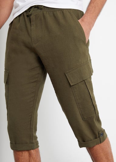 Threadbare Khaki Memphis Linen Blend Cargo Trousers