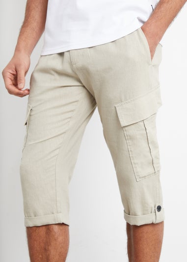 Threadbare Stone Linen Blend 3/4 Length Cargo Trousers