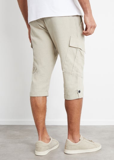 Threadbare Stone Linen Blend 3/4 Length Cargo Trousers