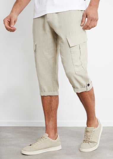 Threadbare Stone Linen Blend 3/4 Length Cargo Trousers