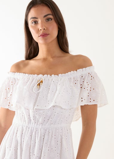 Blue Vanilla White Bardot Beaded Broderie Dress