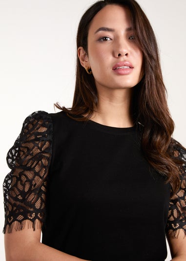 Blue Vanilla Black Lace Mesh Sleeve T-Shirt