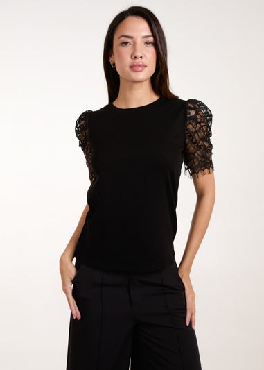 Blue Vanilla Black Lace Mesh Sleeve T-Shirt