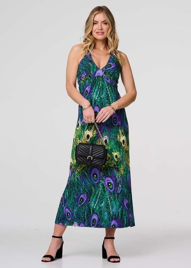 Izabel London Green Peacock Print Halter neck Maxi Dress