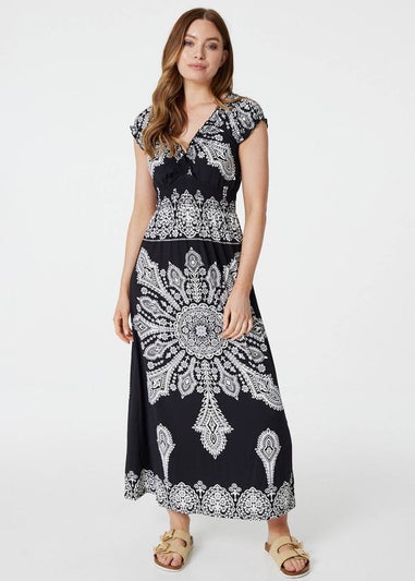 Izabel London Black Mosaic Print Cap Sleeve Maxi Dress