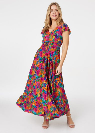 Izabel London Pink Floral Ruched Front Maxi Dress