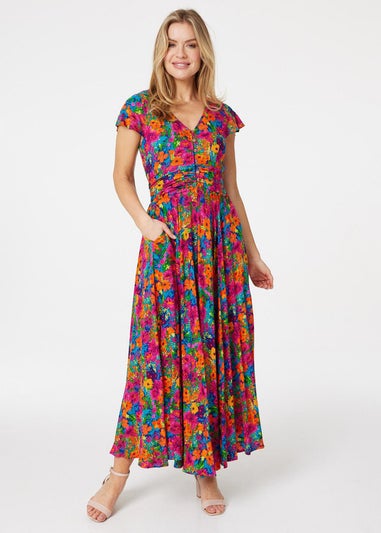 Izabel London Pink Floral Ruched Front Maxi Dress