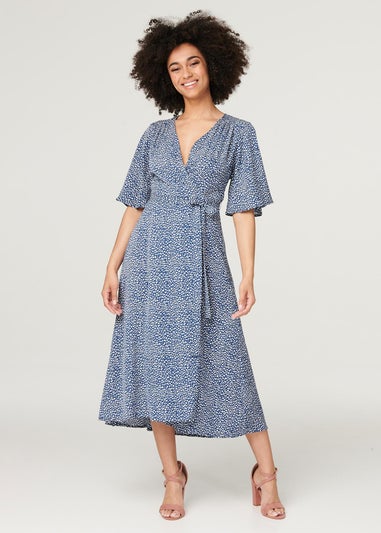 Izabel London Navy Printed Tie Waist Wrap Midi Dress