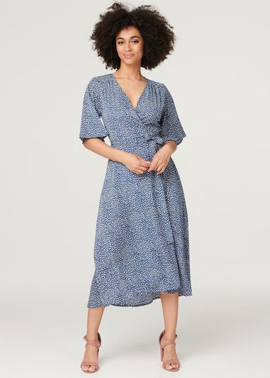 Izabel London Navy Printed Tie Waist Wrap Midi Dress