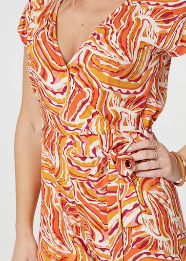 Izabel London Orange Printed Tie Waist Cropped Jumpsuit