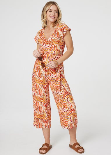 Izabel London Orange Printed Tie Waist Cropped Jumpsuit