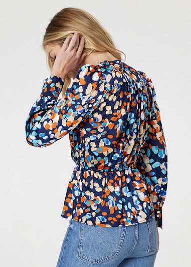 Izabel London Navy Printed Long Sleeve Peplum Blouse