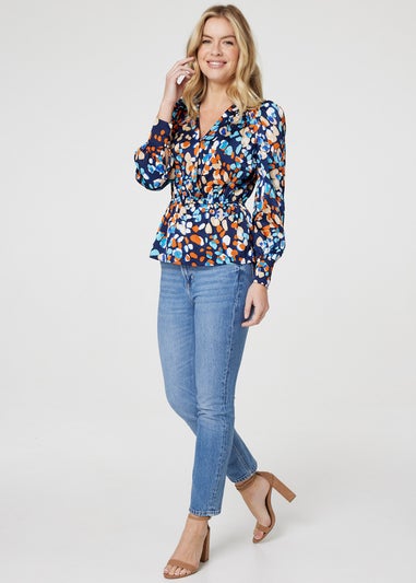 Izabel London Navy Printed Long Sleeve Peplum Blouse