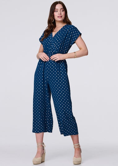 Izabel London Teal Polka Dot Cropped V-Neck Jumpsuit