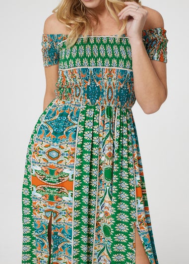 Izabel London Green Printed Bardot Smocked Maxi Dress