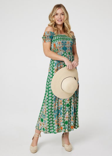 Izabel London Green Printed Bardot Smocked Maxi Dress