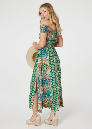 Izabel London Green Printed Bardot Smocked Maxi Dress