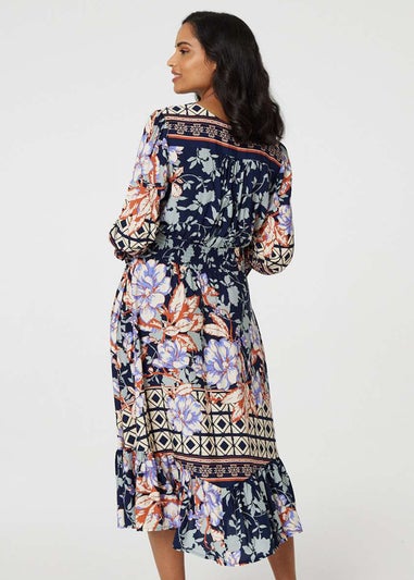 Izabel London Navy Floral Border Print V-Neck Midi Dress