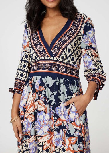 Izabel London Navy Floral Border Print V-Neck Midi Dress