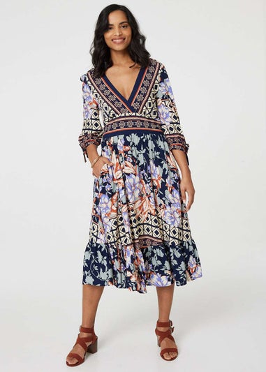 Izabel London Navy Floral Border Print V-Neck Midi Dress