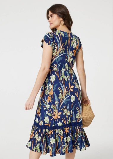 Izabel London Navy Leaf Print V-Neck Lace Trim Midi Dress