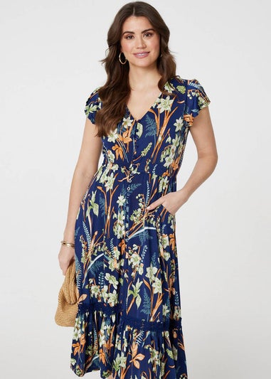 Izabel London Navy Leaf Print V-Neck Lace Trim Midi Dress