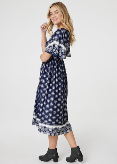 Izabel London Navy Printed 1/2 Batwing Sleeve Midi Dress