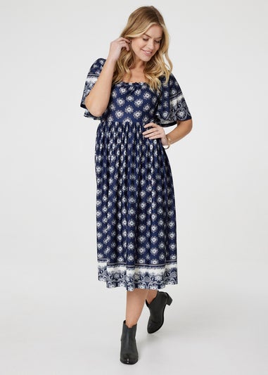 Izabel London Navy Printed 1/2 Batwing Sleeve Midi Dress