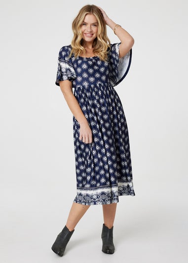 Izabel London Navy Printed 1/2 Batwing Sleeve Midi Dress