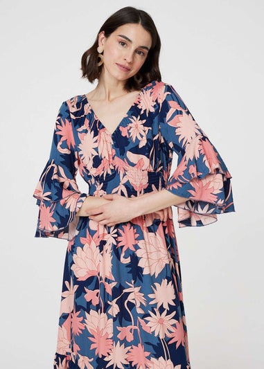 Izabel London Navy Floral 3/4 Sleeve Ruffled Midi Dress