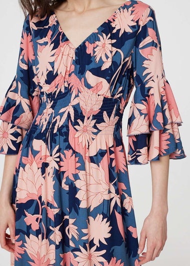 Izabel London Navy Floral 3/4 Sleeve Ruffled Midi Dress