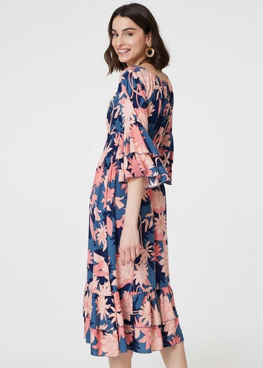 Izabel London Navy Floral 3/4 Sleeve Ruffled Midi Dress