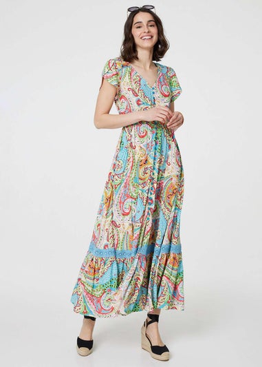 Izabel London Blue Paisley V-Neck Button Detail Maxi Dress