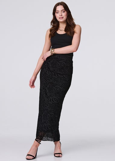 Izabel London Black Animal Print Lace Layered Maxi Skirt