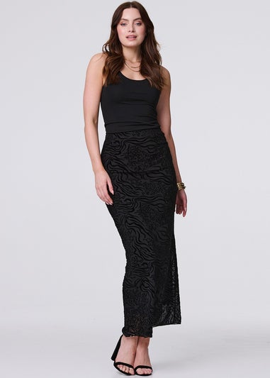 Izabel London Black Animal Print Lace Layered Maxi Skirt