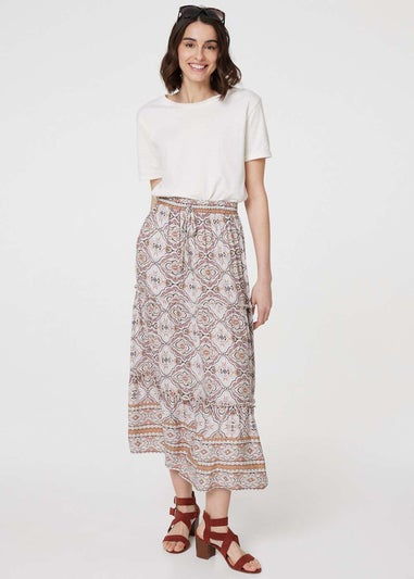 Izabel London Beige Printed Drawstring Waist Maxi Skirt