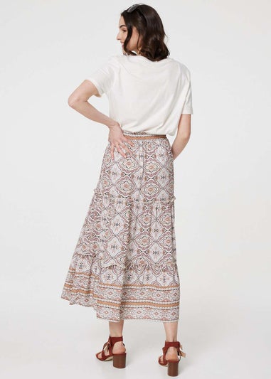 Izabel London Beige Printed Drawstring Waist Maxi Skirt