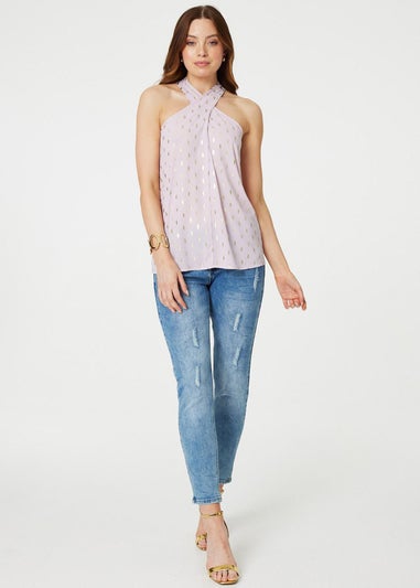 Izabel London Pink Metallic Print Crossover Top