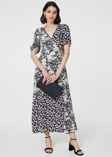 Izabel London Black/White Floral 1/2 Sleeve Midi Wrap Dress